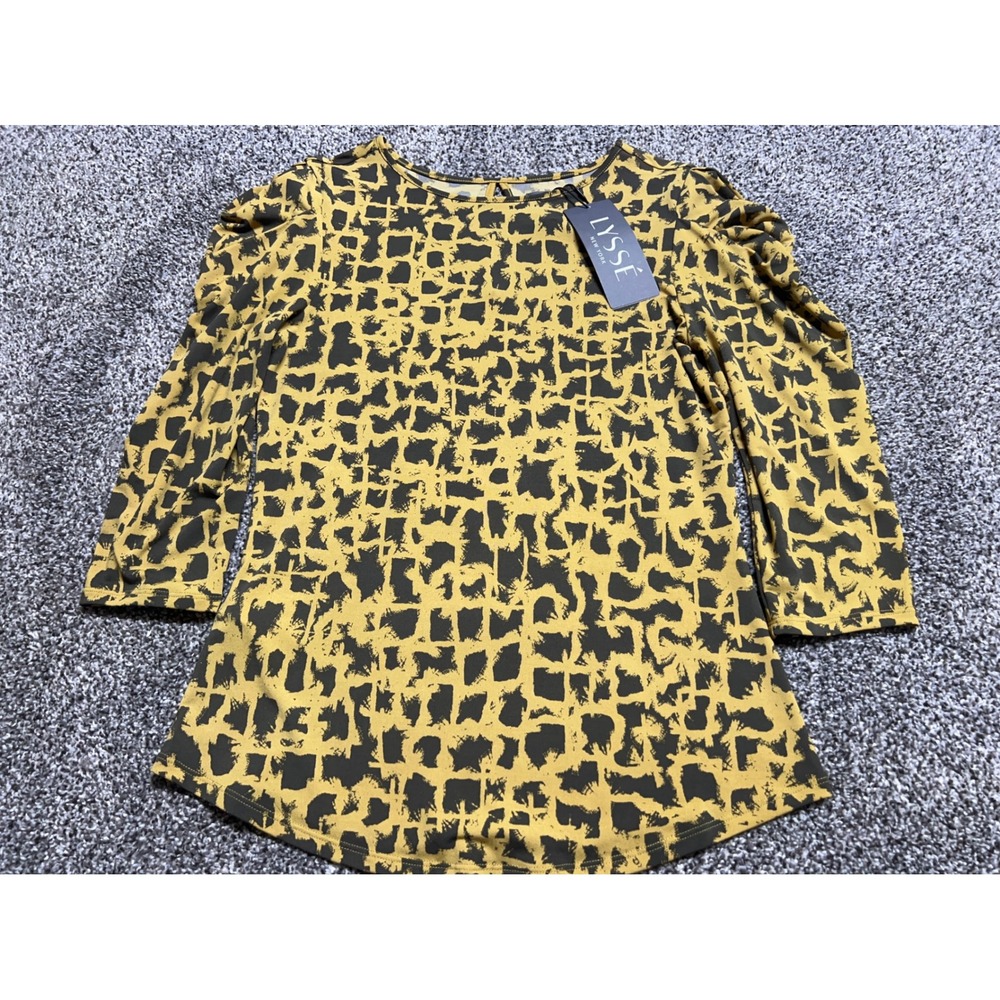 D44 Lysse New York XS Mustard Yellow Black Abstract Grid Puff Sleeve Top NWT